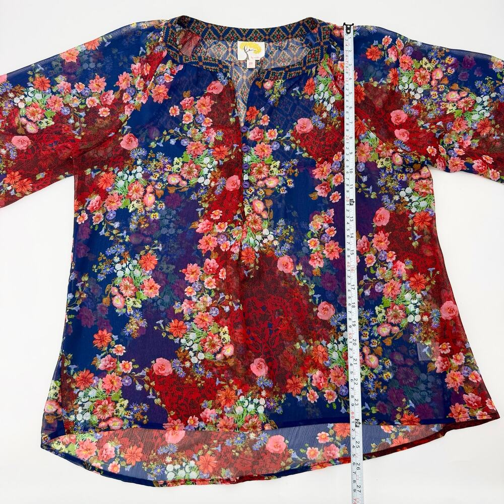 Anthropologie Fig & Flower Floral Sheer Boho Blouse Medium Blue Red Peasant Top - Picture 6 of 11